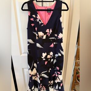 Vince Camuto Navy and Pink Floral Midi Dress